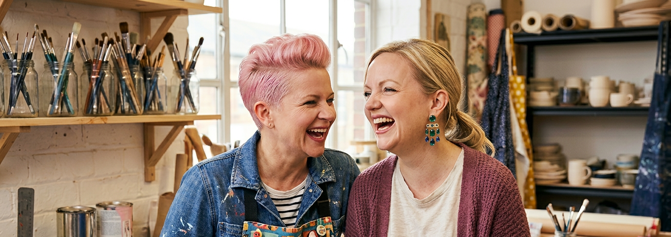 Two women laughing together in a workshop filled with art supplies.
